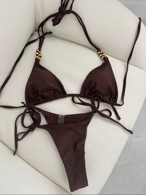Brown Triangle String Bikini Set - Classic Tie-Side Swimwear